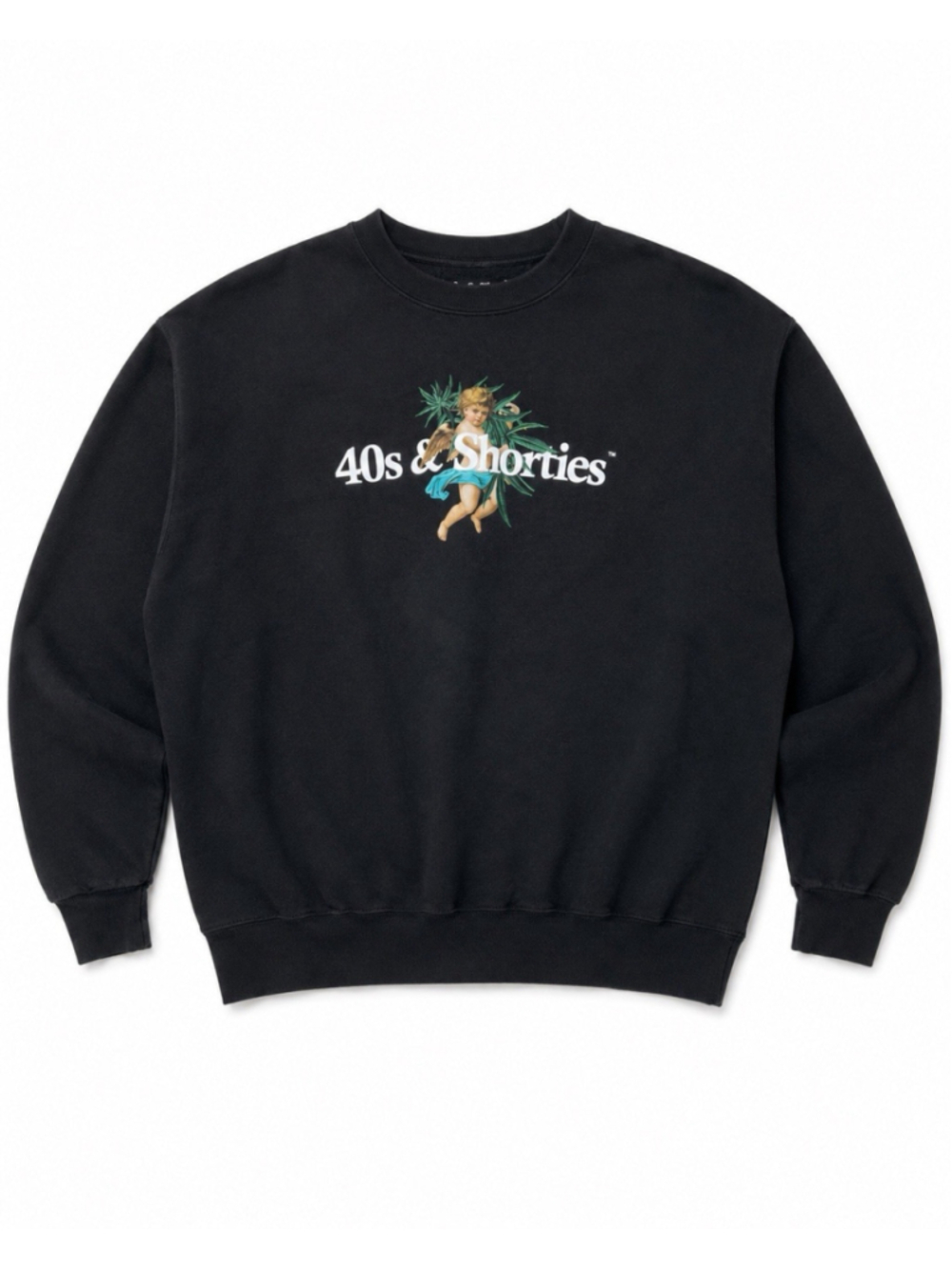 40s & Shorties Black Crewneck Sweatshirt Men’s Large Angel Wings & Plant Leaves